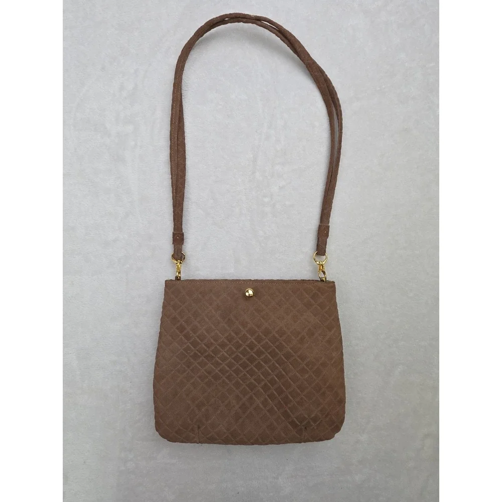 Vintage Ruth Saltz BROWN SUEDE Cougar Hinge Shoulder EVENING BAG Purse Tan Quilt